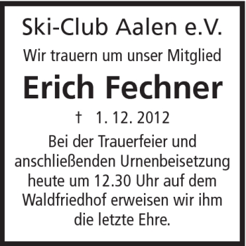 Traueranzeige von Erich Fechner von Schwäbische Post