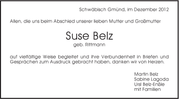 Traueranzeige von Suse Belz von Gmünder Tagespost