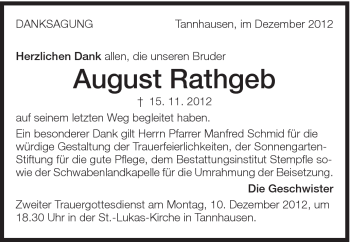 Traueranzeige von August Rathgeb von Schwäbische Post