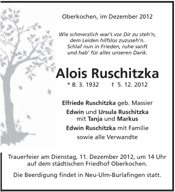 Traueranzeige von Alois Ruschitzka von Schwäbische Post