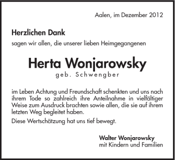 Traueranzeige von Herta Wonjarowski von Schwäbische Post