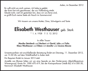 Traueranzeige von Elisabeth Westhauser von Schwäbische Post