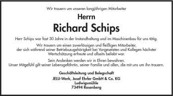 Traueranzeige von Richard Schips von Schwäbische Post