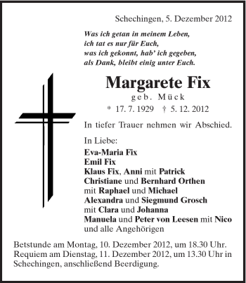 Traueranzeige von Margarete Fix von Gmünder Tagespost