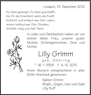 Traueranzeige von Lilly Grimm von Gmünder Tagespost