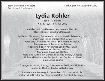 Traueranzeige von Lydia Kohler von Schwäbische Post