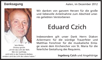 Traueranzeige von Eduard Czich von Schwäbische Post