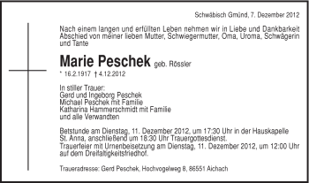 Traueranzeige von Marie Peschek von Gmünder Tagespost