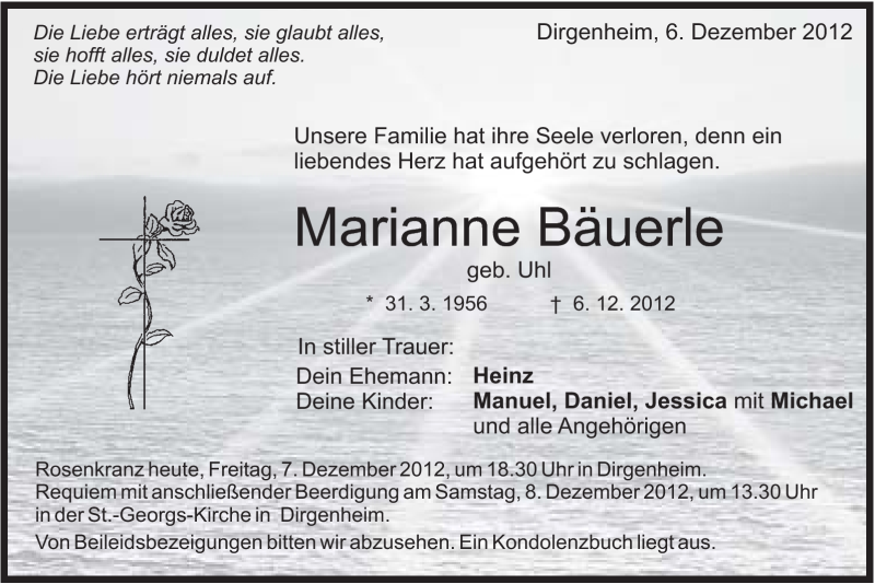  Traueranzeige für Marianne Bäuerle vom 07.12.2012 aus Schwäbische Post