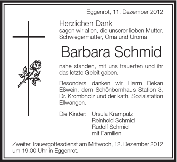 Traueranzeige von Barbara Schmid von Schwäbische Post