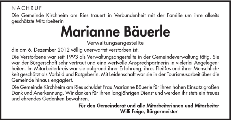  Traueranzeige für Marianne Bäuerle vom 08.12.2012 aus Schwäbische Post