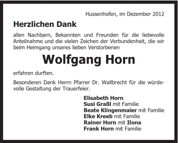 Traueranzeige von Wolfgang Horn von Gmünder Tagespost