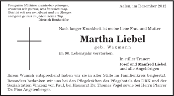 Traueranzeige von Martha Liebel von Schwäbische Post