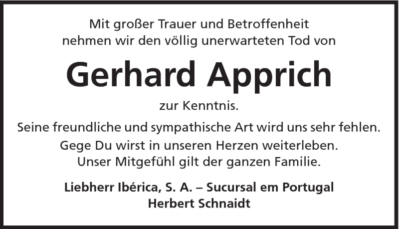  Traueranzeige für Gerhard Apprich vom 08.12.2012 aus Schwäbische Post