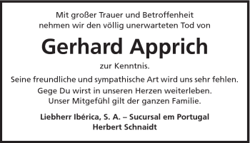 Traueranzeige von Gerhard Apprich von Schwäbische Post