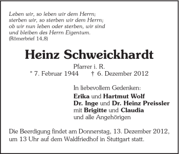 Traueranzeige von Heinz Schweickhardt von Schwäbische Post