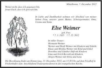 Traueranzeige von Else Weimer von Gmünder Tagespost
