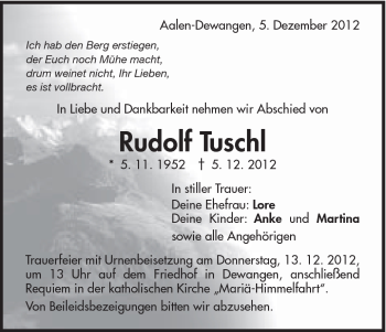 Traueranzeige von Rudolf Tuschl von Schwäbische Post