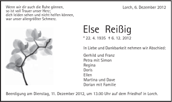 Traueranzeige von Else Reißig von Gmünder Tagespost