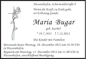 Traueranzeige von Maria Bugar von Gmünder Tagespost