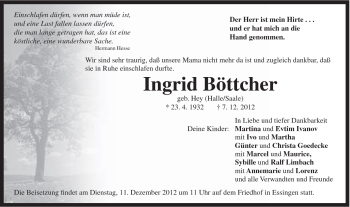 Traueranzeige von Ingrid Böttcher von Schwäbische Post