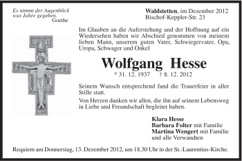 Traueranzeige von Wolfgang Hesse von Gmünder Tagespost