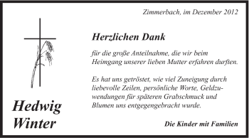 Traueranzeige von Hedwig Winter von Gmünder Tagespost