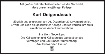 Traueranzeige von Karl Deigendesch von Gmünder Tagespost