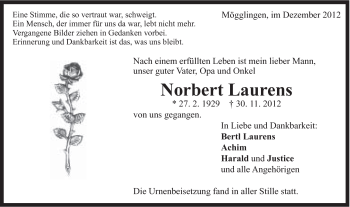 Traueranzeige von Norbert Laurens von Gmünder Tagespost