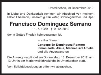 Traueranzeige von Francisco Dominguez Serrano von Schwäbische Post