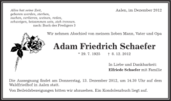 Traueranzeige von Adam Friedrich Schaefer von Schwäbische Post