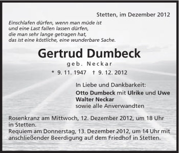 Traueranzeige von Gertrud Dumbeck von Schwäbische Post