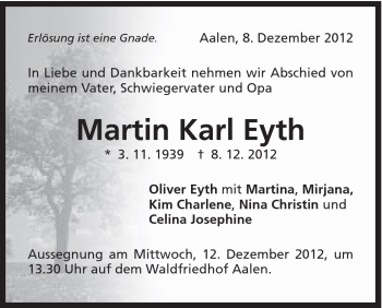 Traueranzeige von Martin Karl Eyth von Schwäbische Post