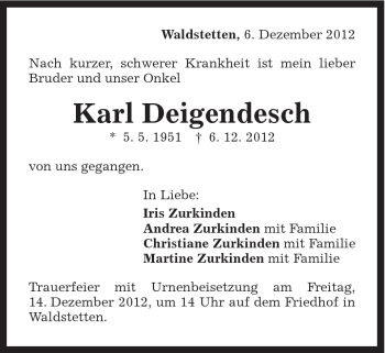 Traueranzeige von Karl Deigendesch von Gmünder Tagespost