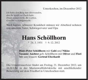 Traueranzeige von Hans Schöllhorn von Schwäbische Post