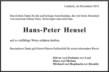 Traueranzeige von Hans-Peter Heusel von Gmünder Tagespost