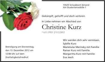 Traueranzeige von Christine Kurz von Gmünder Tagespost