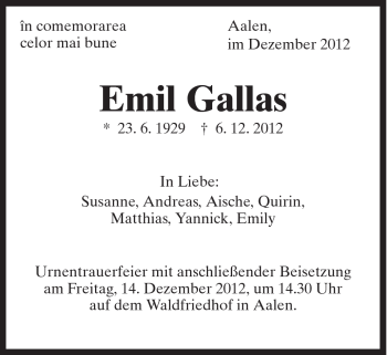 Traueranzeige von Emil Gallas von Schwäbische Post