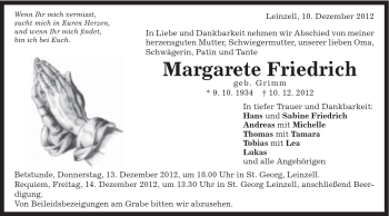 Traueranzeige von Margarete Friedrich von Gmünder Tagespost