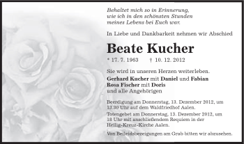 Traueranzeige von Beate Kucher von Schwäbische Post