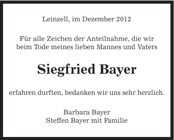 Traueranzeige von Siegfried Bayer von Gmünder Tagespost