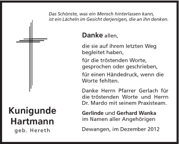 Traueranzeige von Kunigunde Hartmann von Schwäbische Post