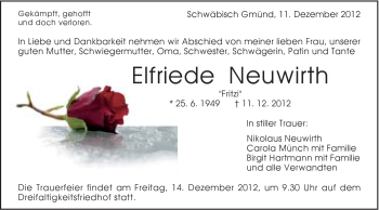 Traueranzeige von Elfriede Neuwirth von Gmünder Tagespost