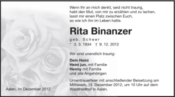 Traueranzeige von Rita Binanzer von Schwäbische Post