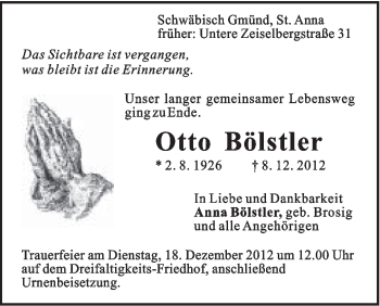 Traueranzeige von Otto Bölstler von Gmünder Tagespost