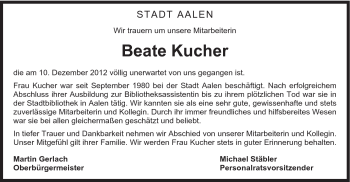 Traueranzeige von Beate Kucher von Schwäbische Post