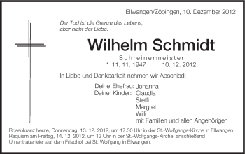 Traueranzeige von Wilhelm Schmidt von Schwäbische Post