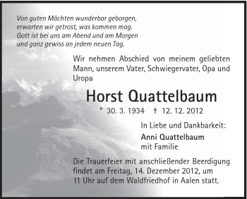 Traueranzeige von Horst Quattelbaum von Schwäbische Post