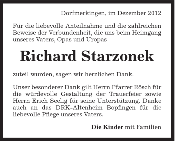 Traueranzeige von Richard Starzonek von Schwäbische Post