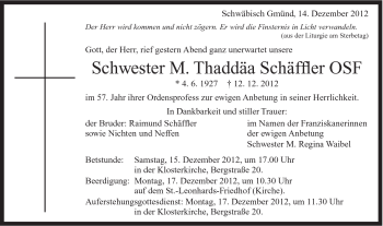 Traueranzeige von Schwester M. Thadäa Schäffler OSF von Schwäbische Post
